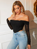 Colla Mesh Off Shoulder Long Sleeve Corset Top - SunsetFashionLA