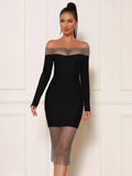 Cornelia Off Shoulder Rhinestone Long Sleeve Bandage Dress - SunsetFashionLA