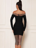 Cornelia Off Shoulder Rhinestone Long Sleeve Bandage Dress - SunsetFashionLA