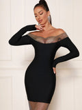 Cornelia Off Shoulder Rhinestone Long Sleeve Bandage Dress - SunsetFashionLA