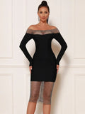 Cornelia Off Shoulder Rhinestone Long Sleeve Bandage Dress