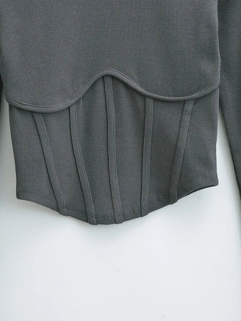 Corset Style Ribbed Long Sleeve Top - SunsetFashionLA
