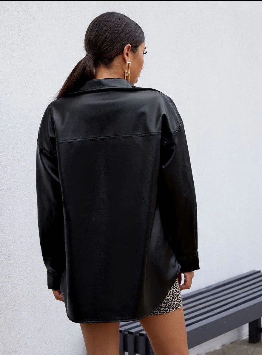 Darllin Black Vegan Leather Button Up Shirt - SunsetFashionLA