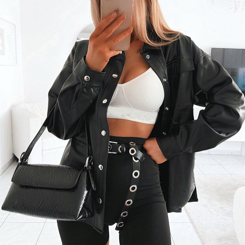 Darllin Black Vegan Leather Button Up Shirt - SunsetFashionLA
