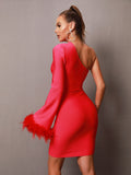 Eleanor One Shoulder Bandage Feather Dress - SunsetFashionLA