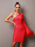 Eleanor One Shoulder Bandage Feather Dress - SunsetFashionLA