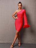 Eleanor One Shoulder Bandage Feather Dress - SunsetFashionLA