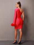 Eleanor One Shoulder Bandage Feather Dress - SunsetFashionLA