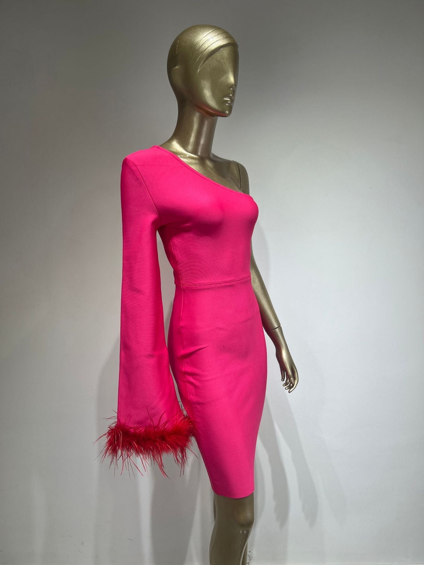 Eleanor One Shoulder Bandage Feather Dress - SunsetFashionLA
