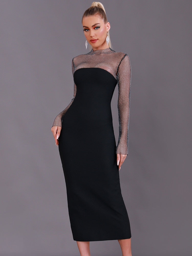 Elena Long Sleeve Rhinestone Bandage Dress - SunsetFashionLA