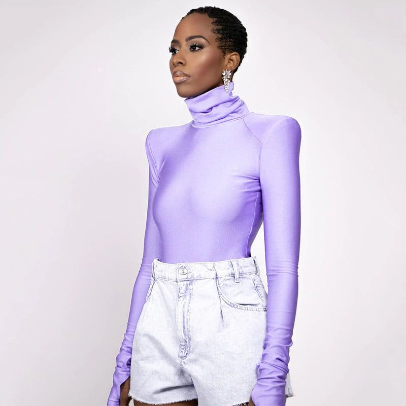 Fayvy Turtleneck Bodysuit with Padded Shoulders - SunsetFashionLA