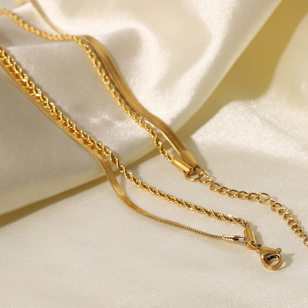 Gold Plated Flat Snake Chain Layer Necklace - SunsetFashionLA