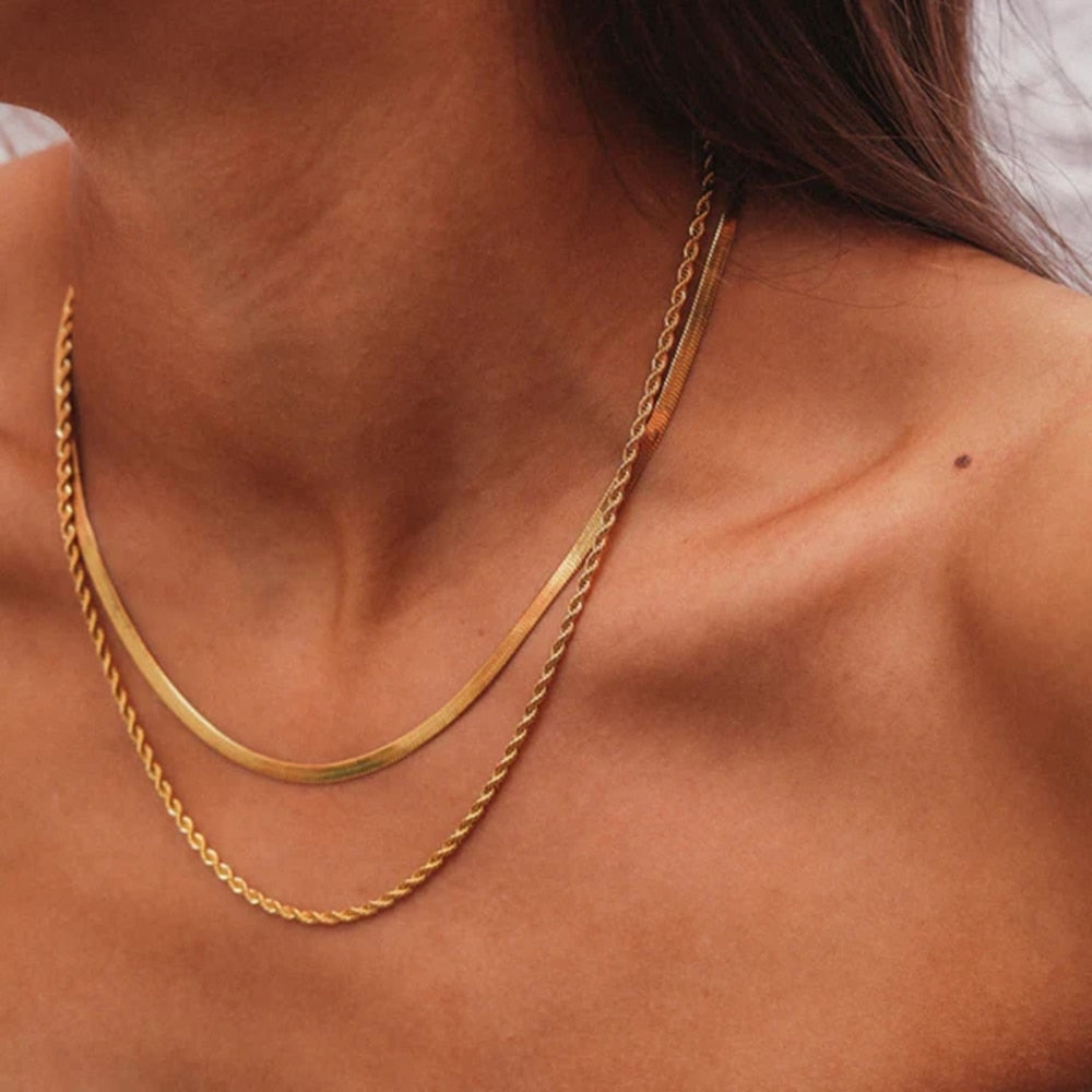 Gold Plated Flat Snake Chain Layer Necklace - SunsetFashionLA