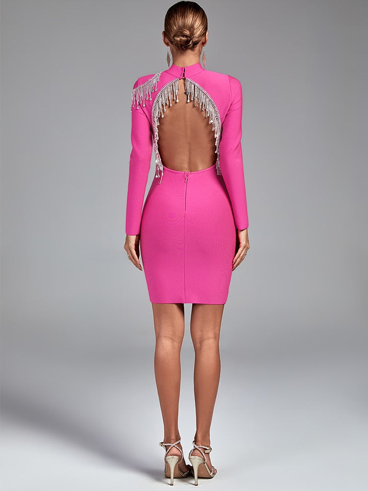 Irie Long Sleeve Bandage Rhinestone Tassel Dress - SunsetFashionLA