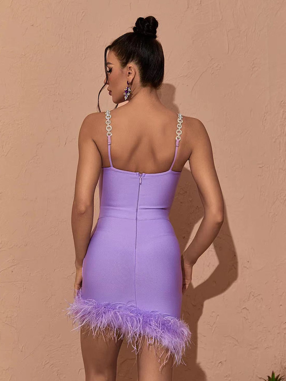 Joanne Rhinestone Bandage Dress with Feathers - SunsetFashionLA