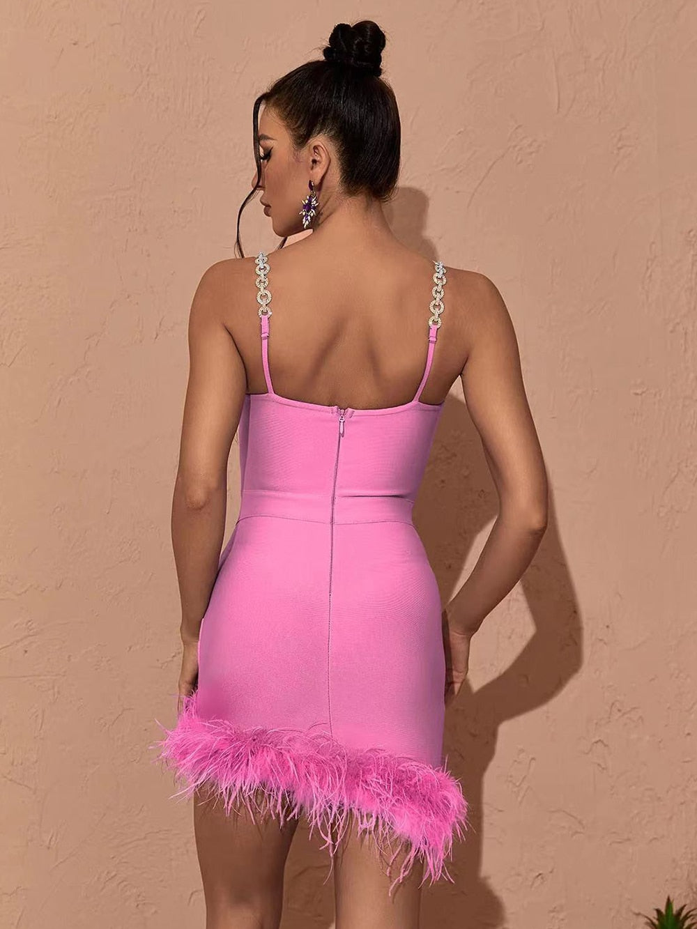 Joanne Rhinestone Bandage Dress with Feathers - SunsetFashionLA