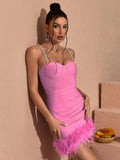 Joanne Rhinestone Bandage Dress with Feathers - SunsetFashionLA