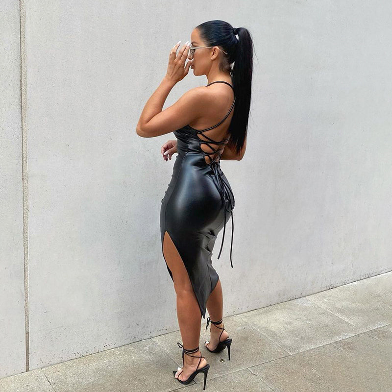 Kimberly Black Vegan Leather Midi Dress - SunsetFashionLA