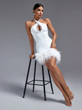 Leilani Bandage Cut Out Halter Rhinestone Dress with Feathers - SunsetFashionLA