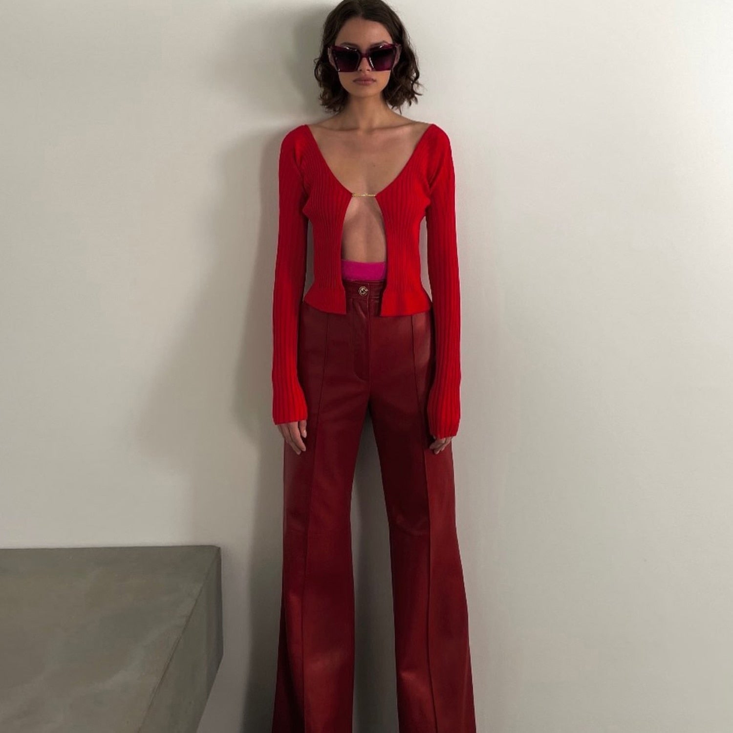 Lorna Chain Detail Open Front Knitted Long Sleeve Top - SunsetFashionLA