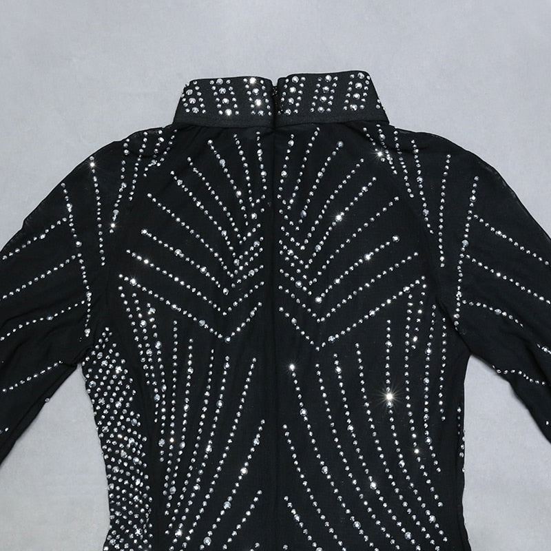 Nathalie Mesh Rhinestone Feather Long Sleeve Dress - SunsetFashionLA