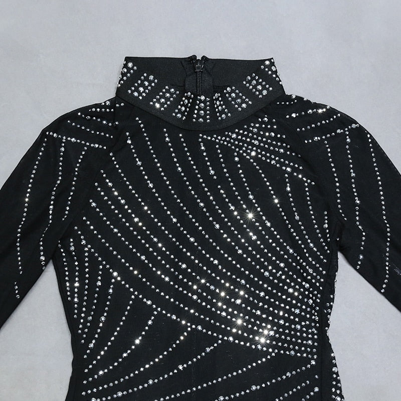 Nathalie Mesh Rhinestone Feather Long Sleeve Dress - SunsetFashionLA