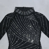 Nathalie Mesh Rhinestone Feather Long Sleeve Dress - SunsetFashionLA
