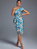 Novalie Jacquard One Shoulder Ruffle Dress - SunsetFashionLA