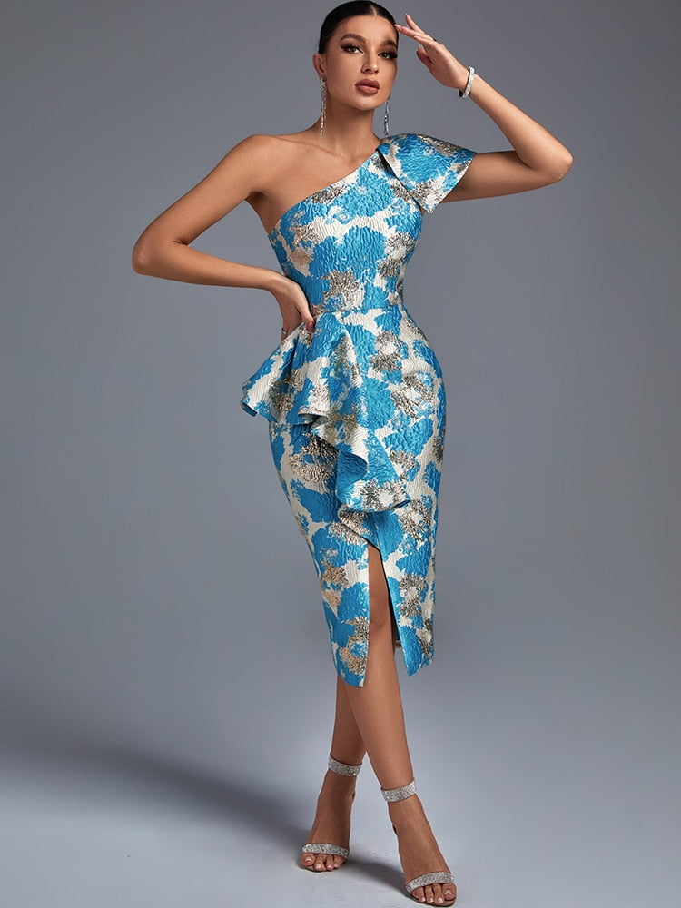 Novalie Jacquard One Shoulder Ruffle Dress - SunsetFashionLA