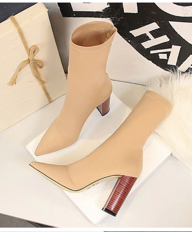 Satin Stretch Block Heel Ankle Boots - SunsetFashionLA