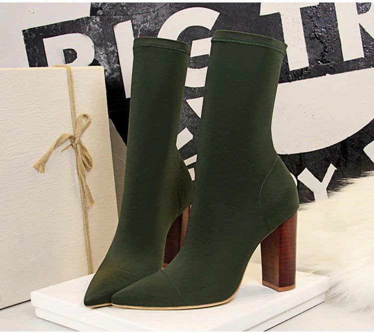 Satin Stretch Block Heel Ankle Boots - SunsetFashionLA