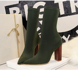 Satin Stretch Block Heel Ankle Boots - SunsetFashionLA