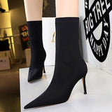 Satin Stretch Stiletto Heel Ankle Boots - SunsetFashionLA