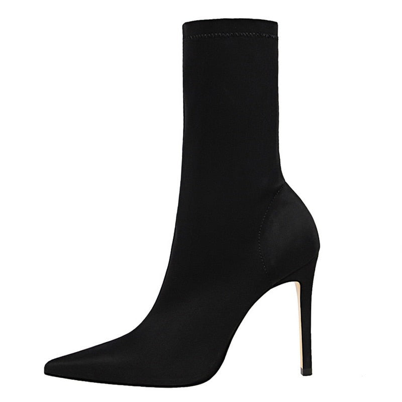 Satin Stretch Stiletto Heel Ankle Boots - SunsetFashionLA