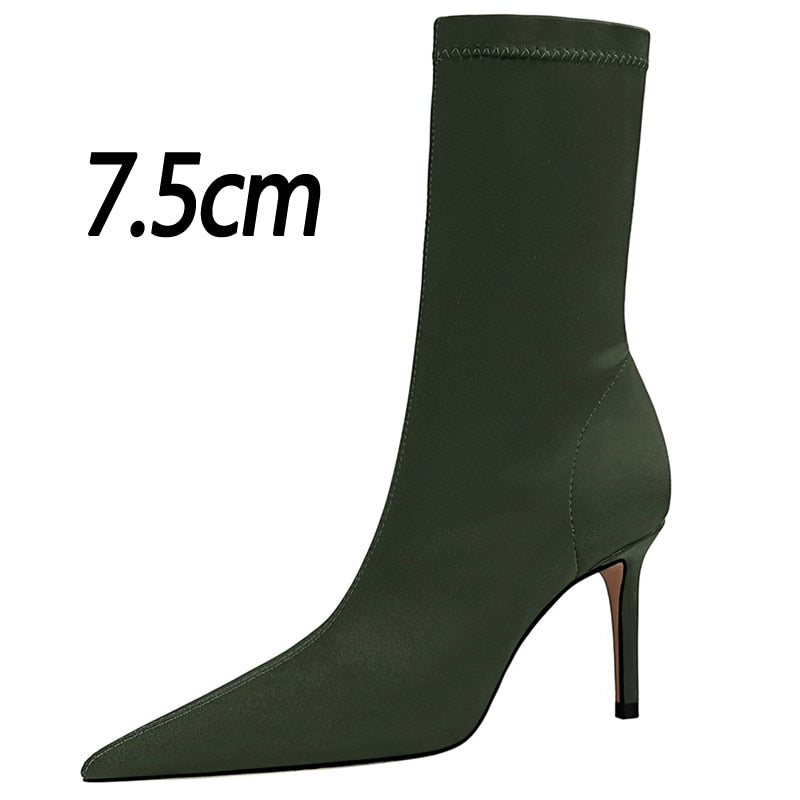 Satin Stretch Stiletto Heel Ankle Boots - SunsetFashionLA
