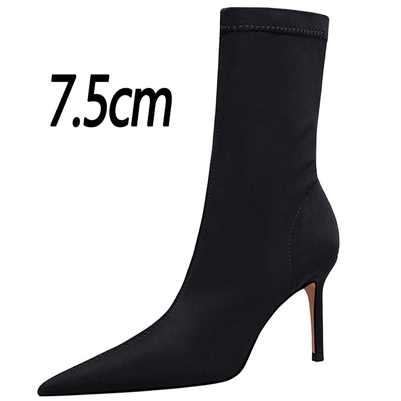 Satin Stretch Stiletto Heel Ankle Boots - SunsetFashionLA