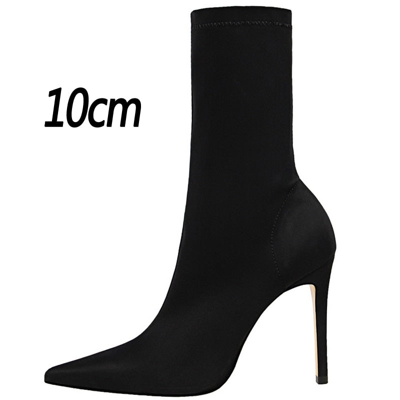 Satin Stretch Stiletto Heel Ankle Boots - SunsetFashionLA
