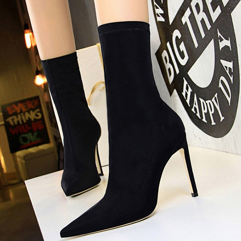 Satin Stretch Stiletto Heel Ankle Boots - SunsetFashionLA