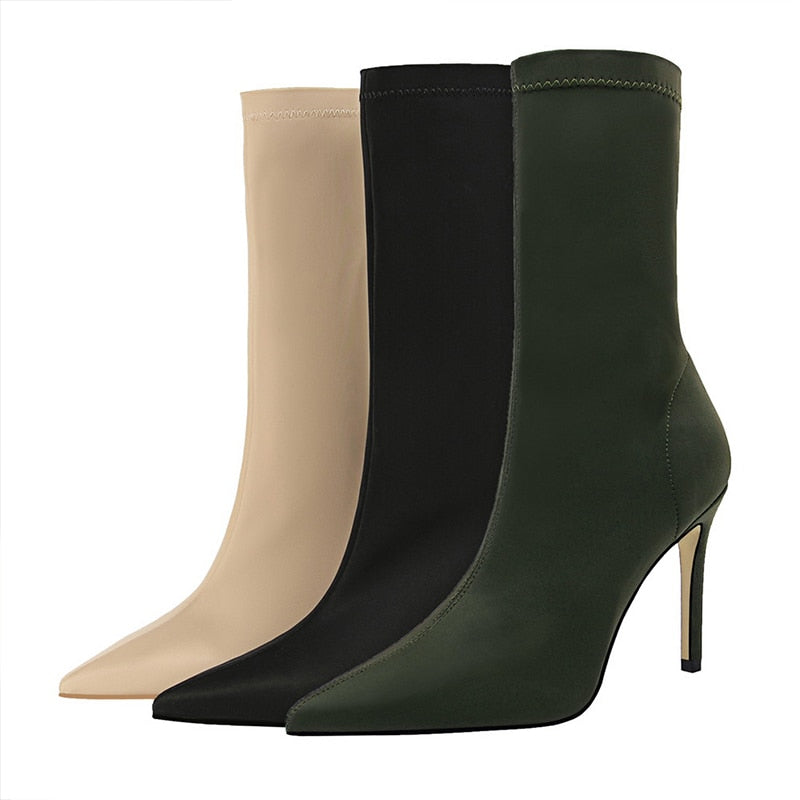 Satin Stretch Stiletto Heel Ankle Boots - SunsetFashionLA