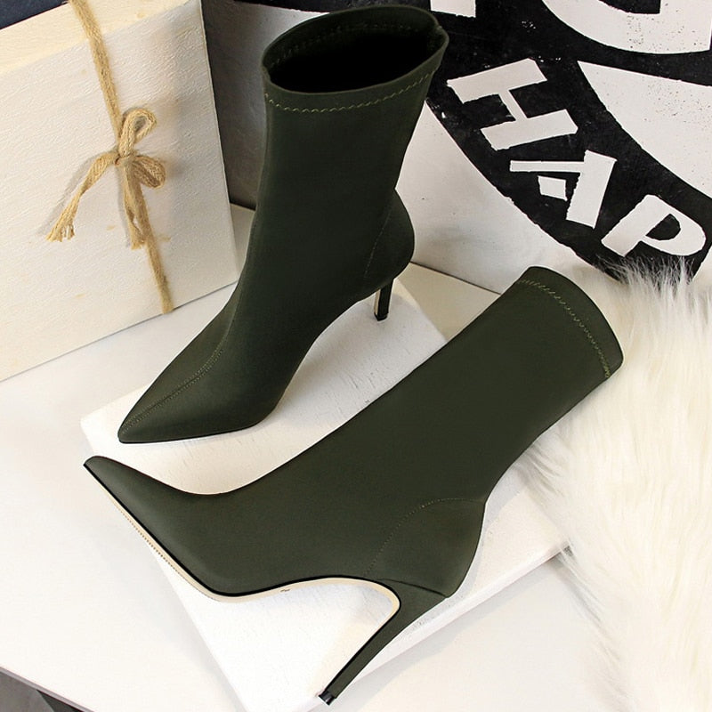 Satin Stretch Stiletto Heel Ankle Boots - SunsetFashionLA