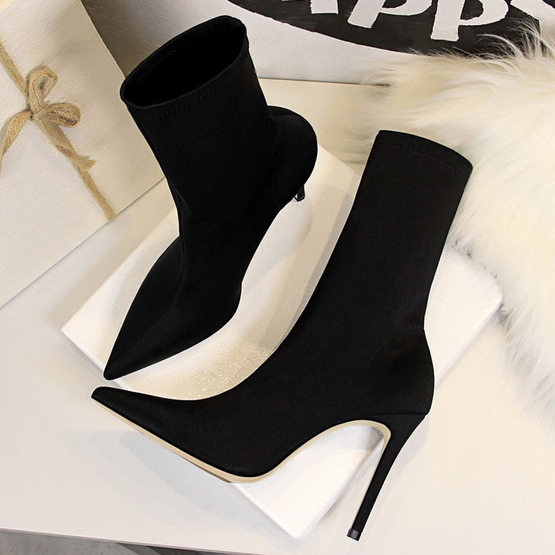 Satin Stretch Stiletto Heel Ankle Boots - SunsetFashionLA