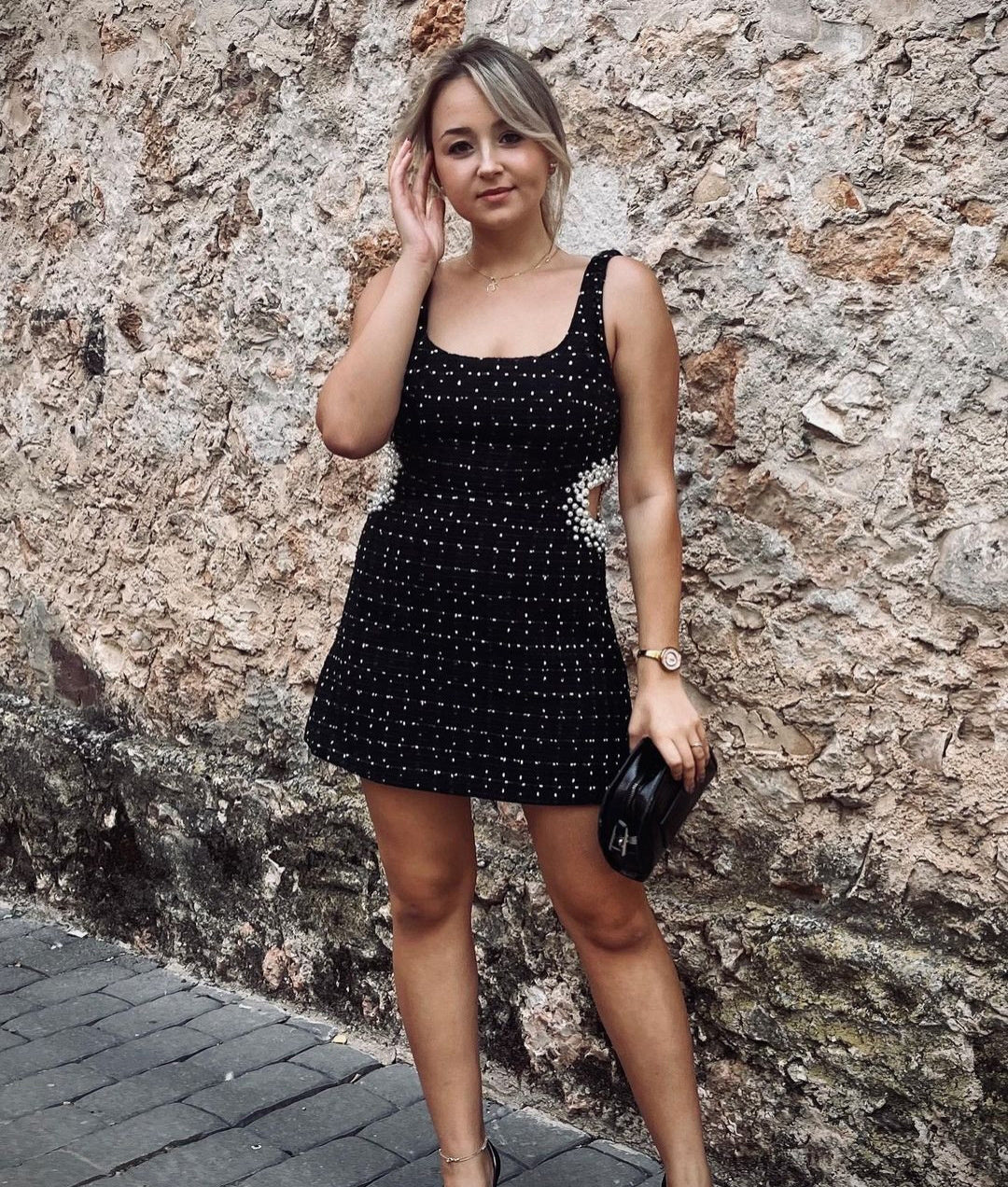 Slim Pearl Cut Out Mini Dress - SunsetFashionLA