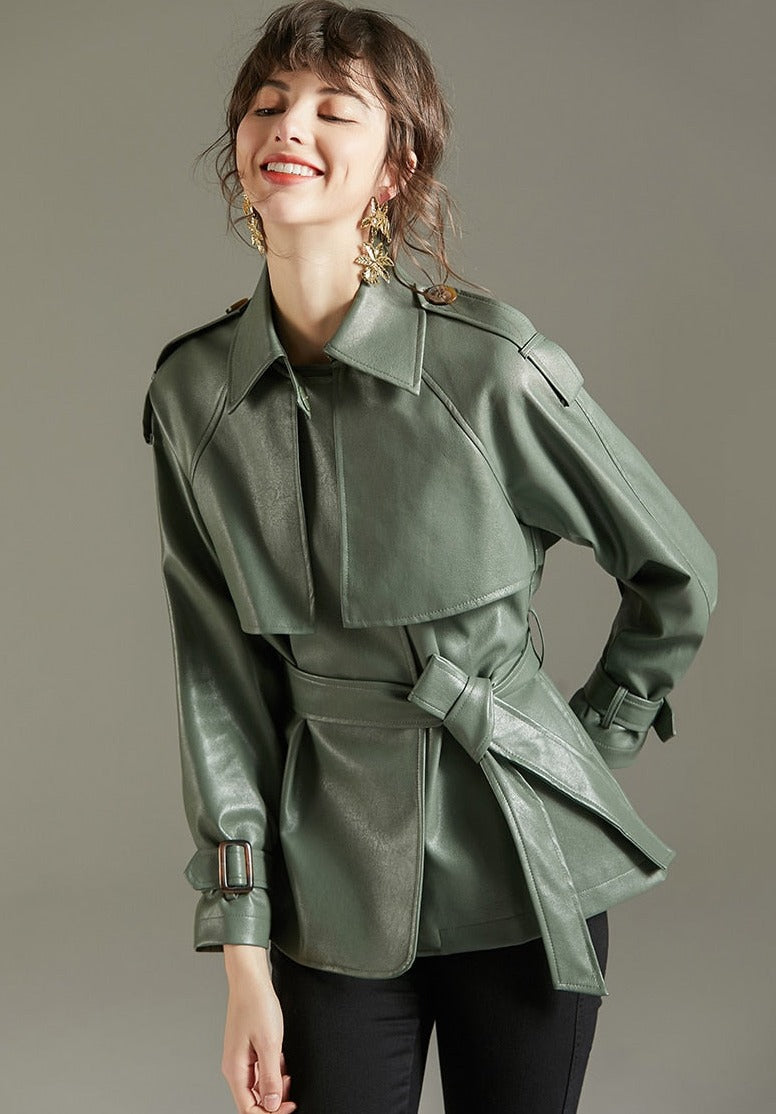 Soft Faux Leather Belted Jacket - SunsetFashionLA