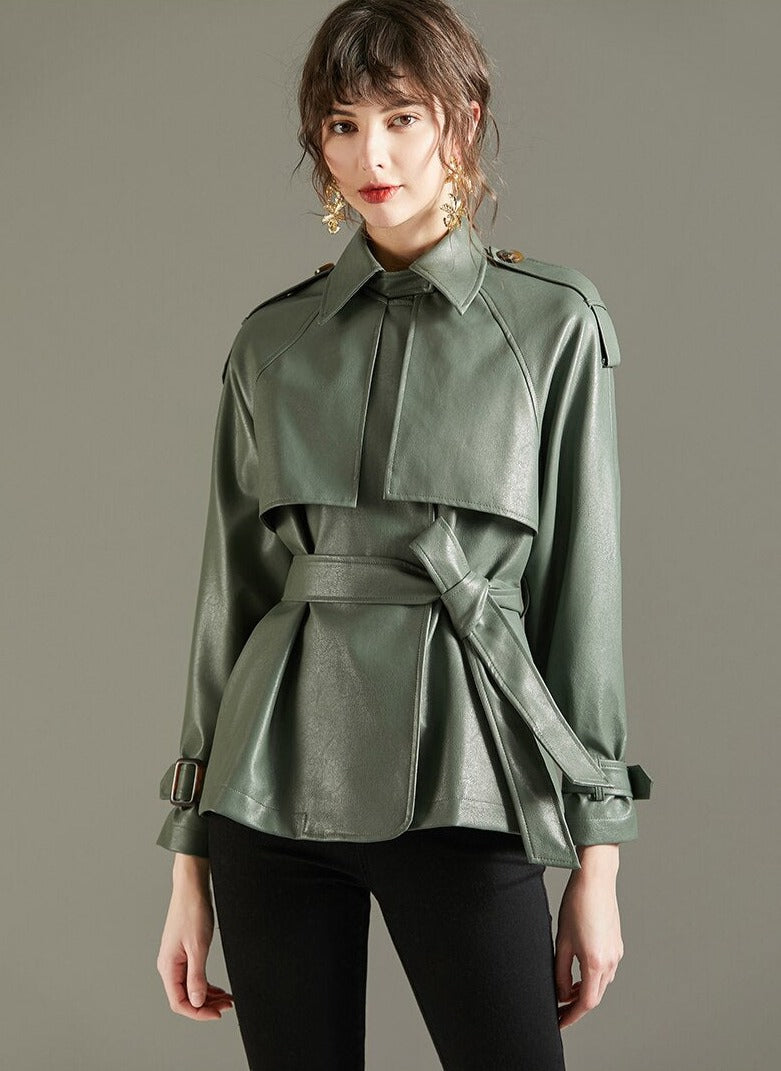 Soft Faux Leather Belted Jacket - SunsetFashionLA