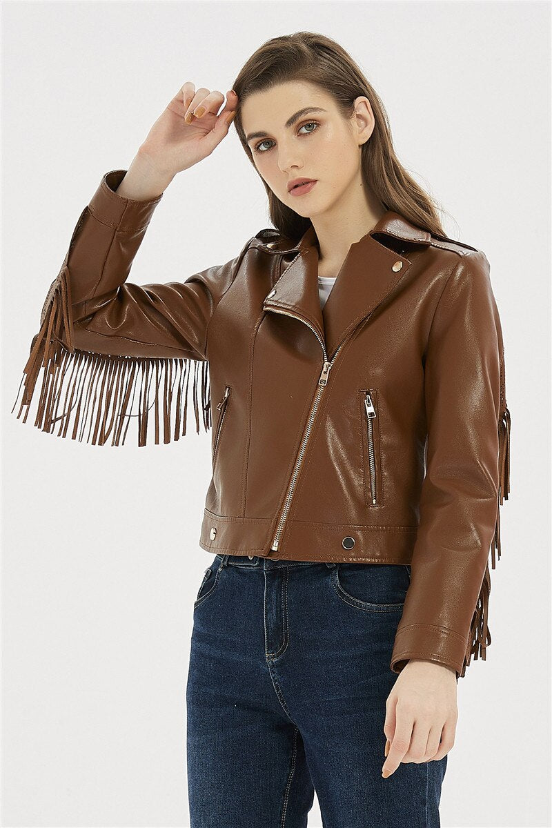 Soft Vegan Leather Jacket with Tassels - SunsetFashionLA
