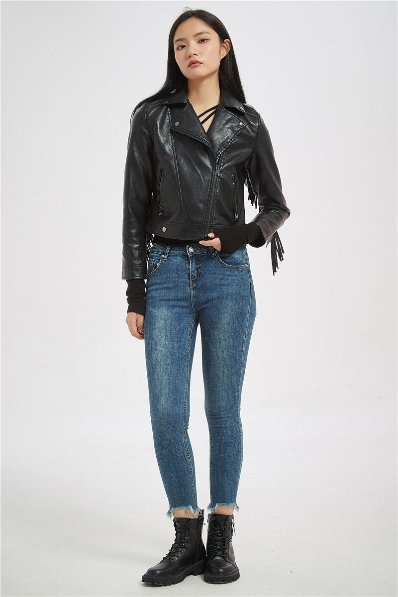 Soft Vegan Leather Jacket with Tassels - SunsetFashionLA