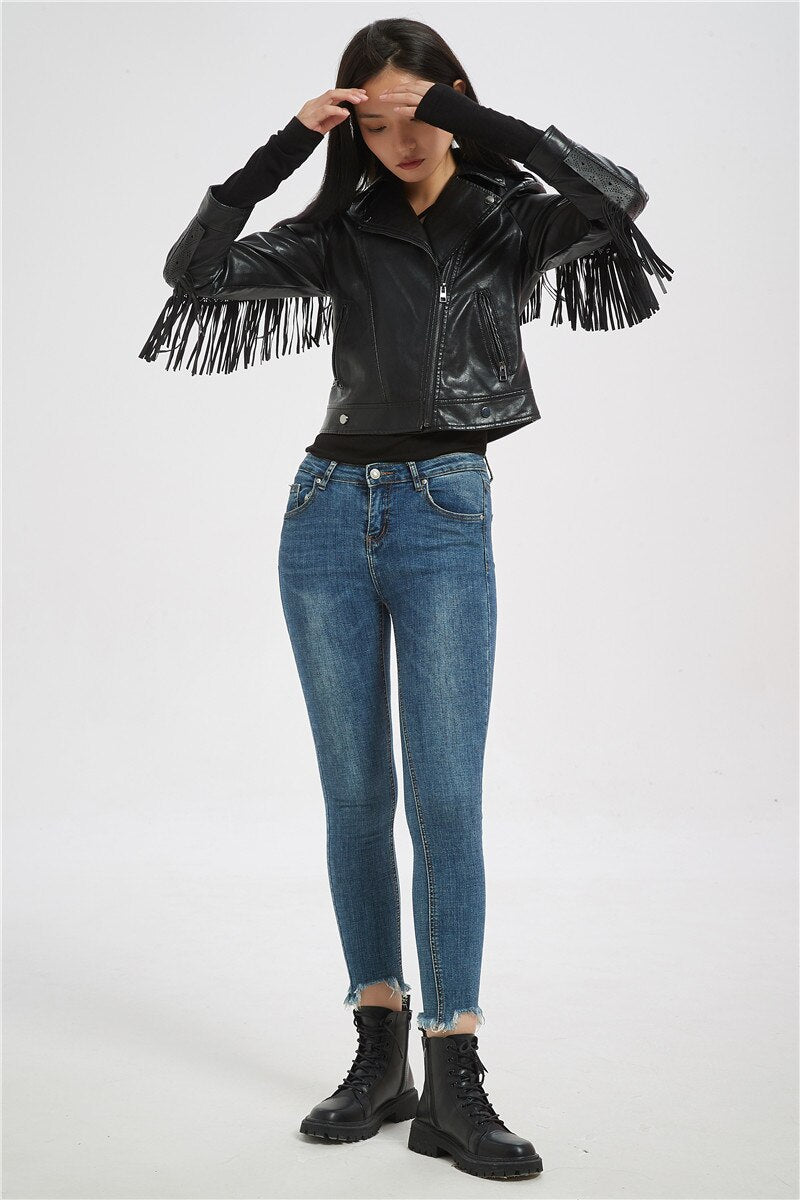 Soft Vegan Leather Jacket with Tassels - SunsetFashionLA