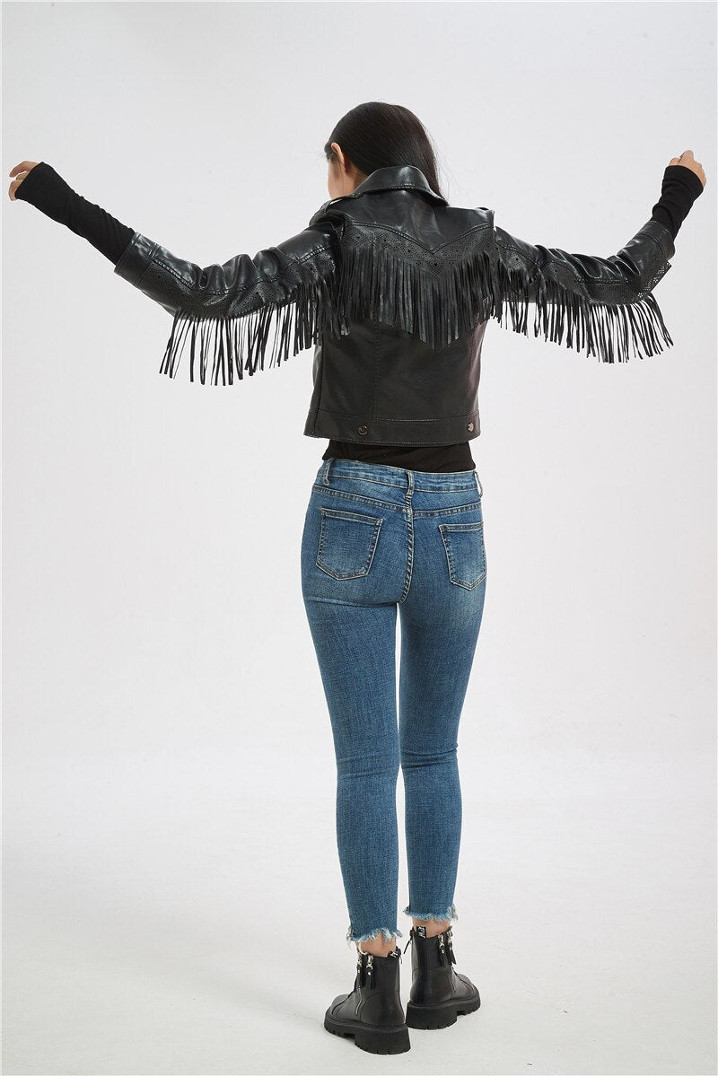 Soft Vegan Leather Jacket with Tassels - SunsetFashionLA