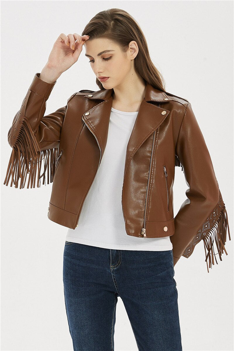 Soft Vegan Leather Jacket with Tassels - SunsetFashionLA