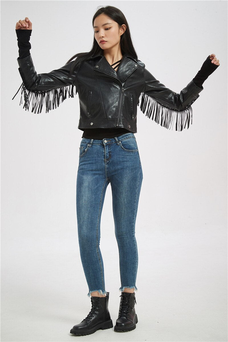 Soft Vegan Leather Jacket with Tassels - SunsetFashionLA